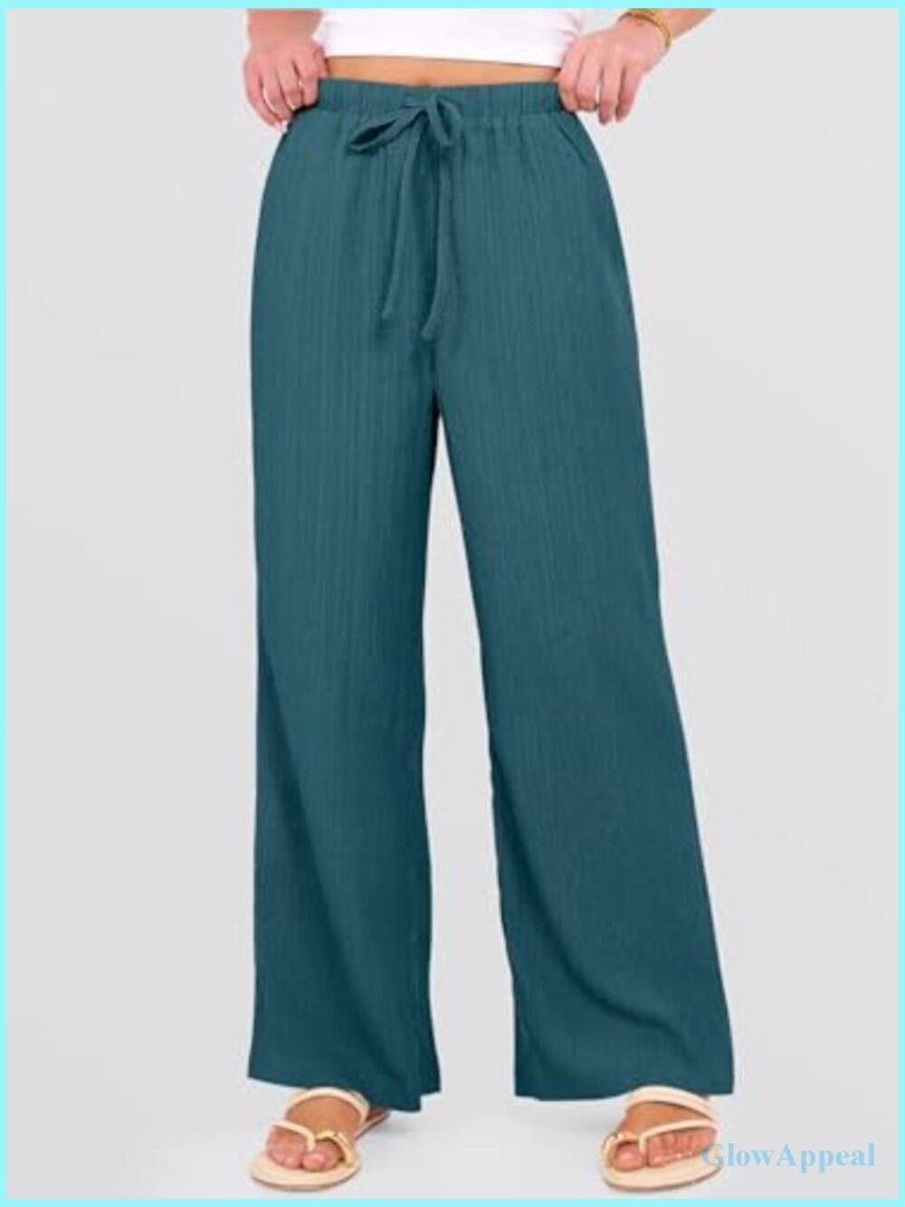 Wide Leg Beach Pants Elastic Waist Flowy Palazzo Trousers with Pockets - Picture 2 of 7